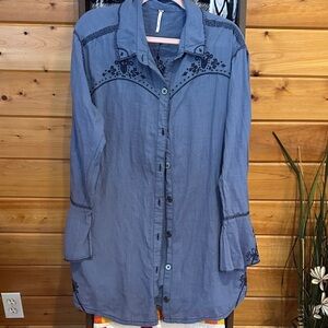 Free People Blue Embroidered shirt Dress